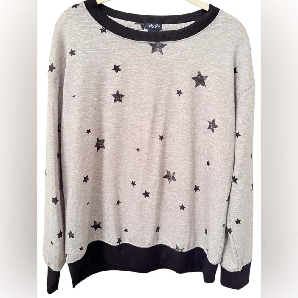 Splendid Sweatshirt Star Print Grey Black Rib Trim Pullover Size S